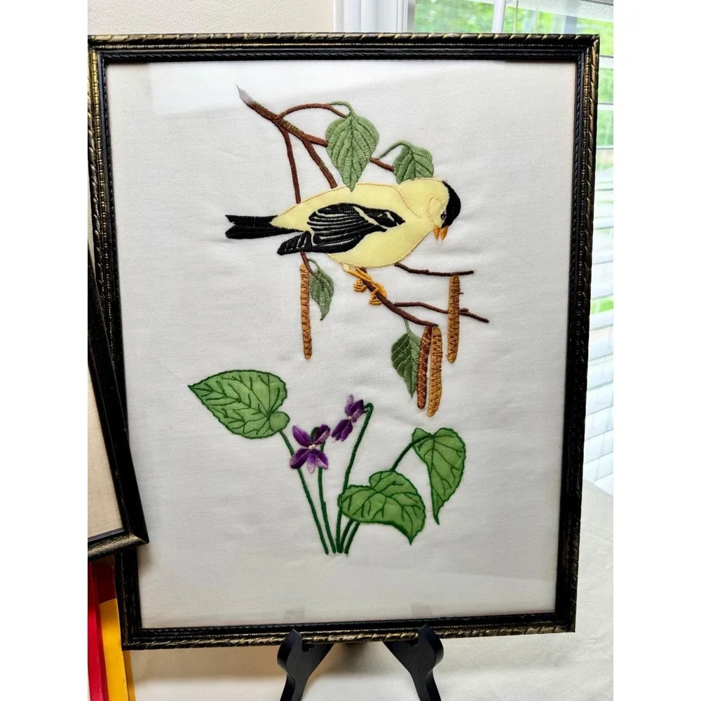 VTG Crow Bird Silk Embroidery Set 3 Wall Art Boho Whimsigoth Decor Framed